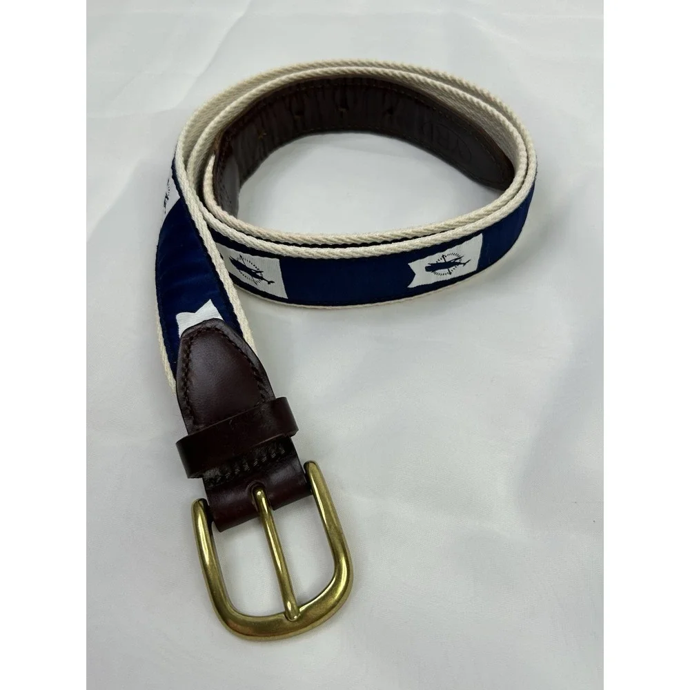 YRI Ribbon Belt Nantucket Burgee Leather Tab Brass Buckle Men's42 Navy Blue Read